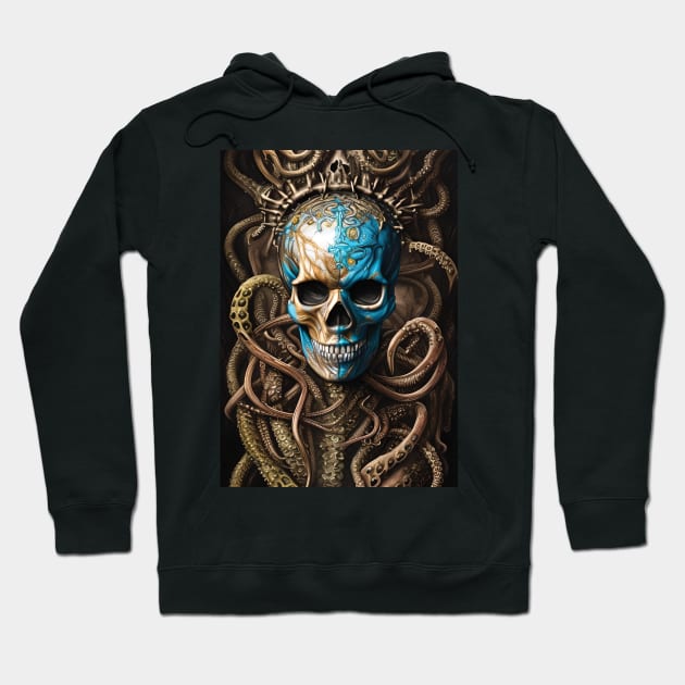 Blue and Gold Skull | Skull and Tentacles Artwork | Armored Skull | Dystopian Skull | Warrior Skull Hoodie by GloomCraft